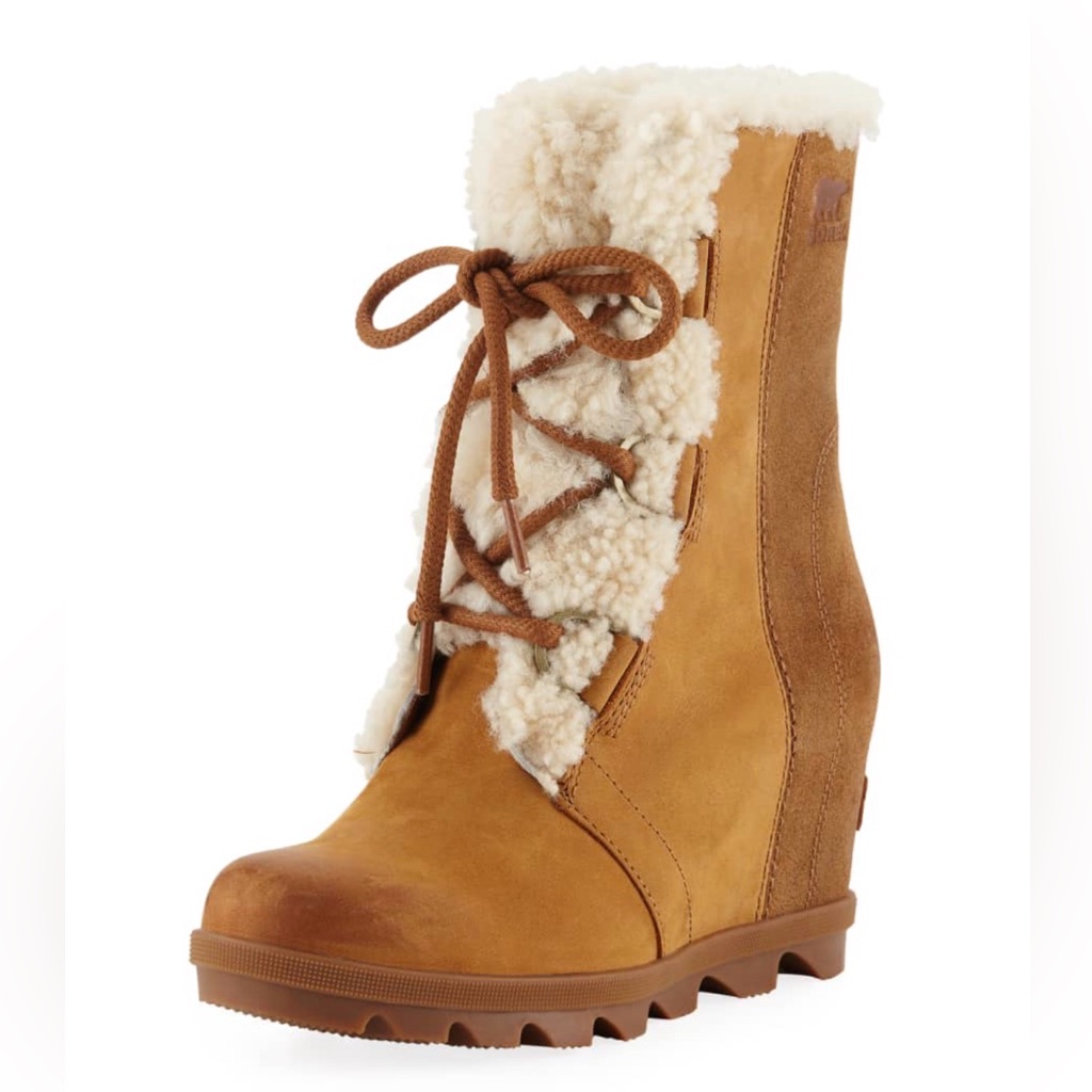 Sorel Joan Of Arctic Wedge Ii Shearling Lined Heeled Boots Camel Lace Up Leather